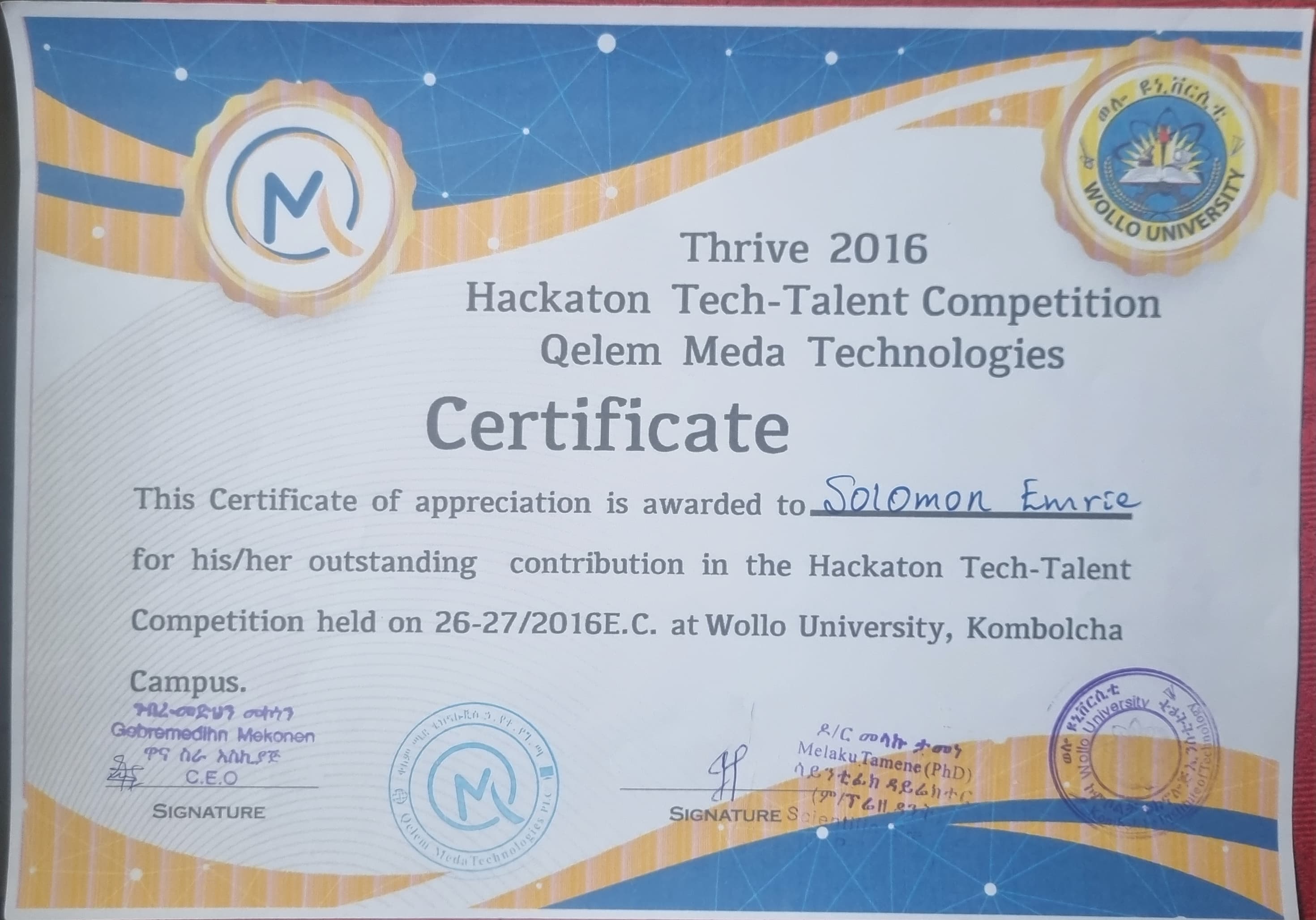 Hackathon Tech-Talent Winner Certificate